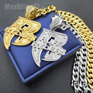Ruff Ryders R Hip Hop Rapper Bling Iced Pendant & 10mm Cuban Chain Necklace - Picture 1 of 10