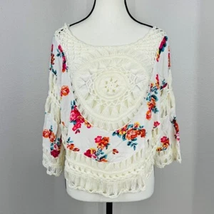 Love J Crochet Lace Yoke Macrame Boho Peasant Floral Fringe Hem Blouse Size M - Picture 1 of 11