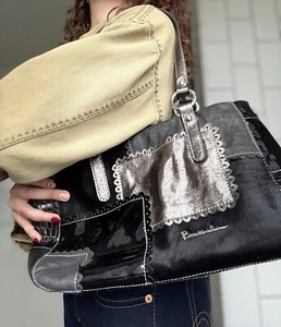 BRACCIALINI BLACK LARGE TEXTURED LEATHER HOBO BAG + DUST BAG VINTAGE 1980'S - Picture 1 of 6