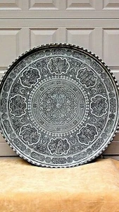 ANTIQUE 19c ISLAMIC VERY LARGE  SILVERED OVER COPPER CHARGER/SERVING TRAY 36" D - Picture 1 of 12