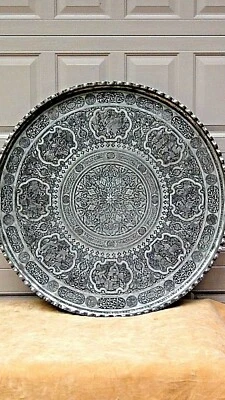ANTIQUE 19c ISLAMIC VERY LARGE  SILVERED OVER COPPER CHARGER/SERVING TRAY 36" D - Image 1 of 4