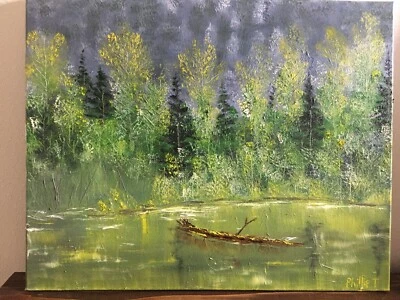 Pintura al óleo paisaje original de la orilla de un estanque en un día tormentoso 16x20 Foto 1 de 3