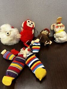 Vintage Lot Of 5 Furry Animals Clown Clip Ons Toys Plush Monkey Bunny Dog