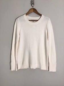 LOFT NWT Ivory Cotton Knit Crew Neck Sweater Size Lg Ribbed Hem, Cuffs Buttons - Picture 1 of 8