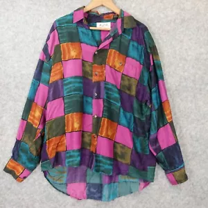 Vintage Rockability Patchwork Button Up Shirt Mens M Pink Silk Oversize Fun AZIA - Picture 1 of 12