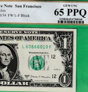 $1 BINARY FLIPPER 60666010 Serial Numbers Federal Reserve note PCGS 65 PPQ - Picture 1 of 3