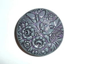 Pretty Charcoal Colrd Butterflies & Flower Floral Art Stone Shank Button  1-3/4" - Picture 1 of 6