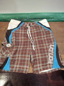 Ron Jon Surf Shop Pantalones Cortos Para Hombres 34 Marrón Blanco Cuadros Boardshorts Bañador Playa - Imagen 1 de 6