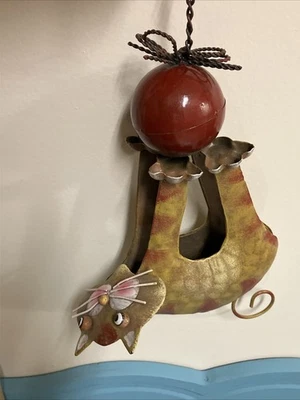 Whimsical Upside Down SILLY Cat Metal Sculpture Red YARN Ball Outdoor Decor - Image 1 of 4