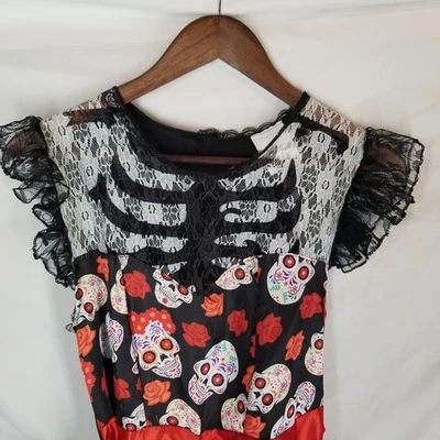 Fantasia Feminina Dia dos Mortos Tamanho 4/6 Sugar Skulls Acessórios Halloween - Imagem 1 de 4