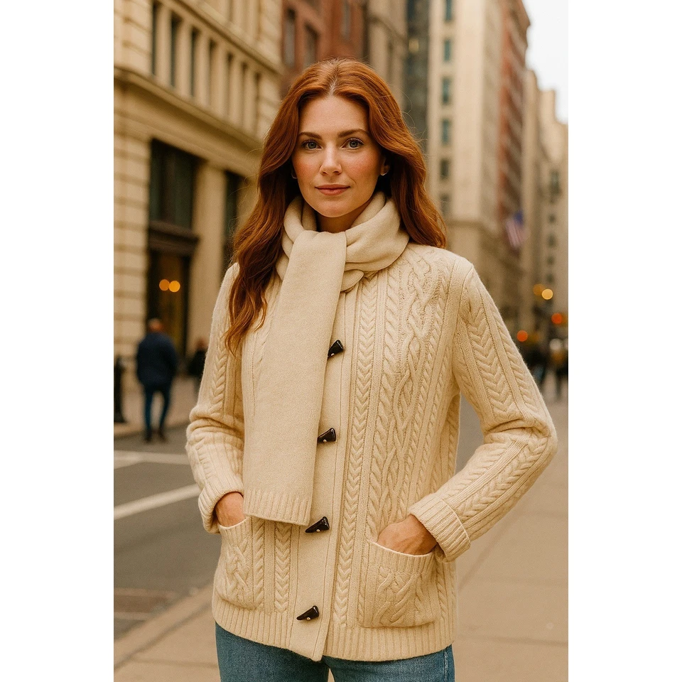 VTG Lauren Ralph Lauren Cream Cable Knit Angora Cashmere Wool Duffle Cardigan PL - Image 1 of 4