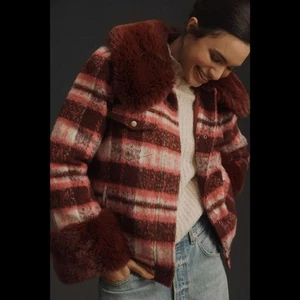 Hutch Anthropologie Faux Fur-Trimmed Jacket Maroon And Pink Women's Size Large - Picture 1 of 13