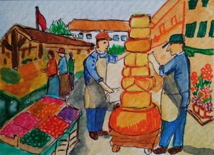 ACEO Original - Bauernmarkt mit großem Käse - Aquarell 2,5 x 3,5 signiert - Bild 1 von 4