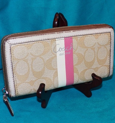 Coach Light Khaki Pink Heritage Stripe Accordian Zip Around Logo C Wallet 43554