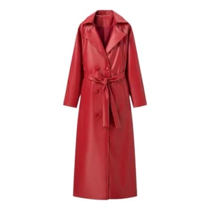 Cappotto trench lungo donna chic ecopelle risvolto doppiopetto cintura - Foto 1 di 9