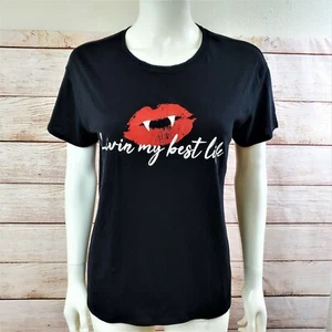 City Streets Women's T Shirt "Livin' my best life" Vampire Kiss Black Short Slv - Picture 1 of 4