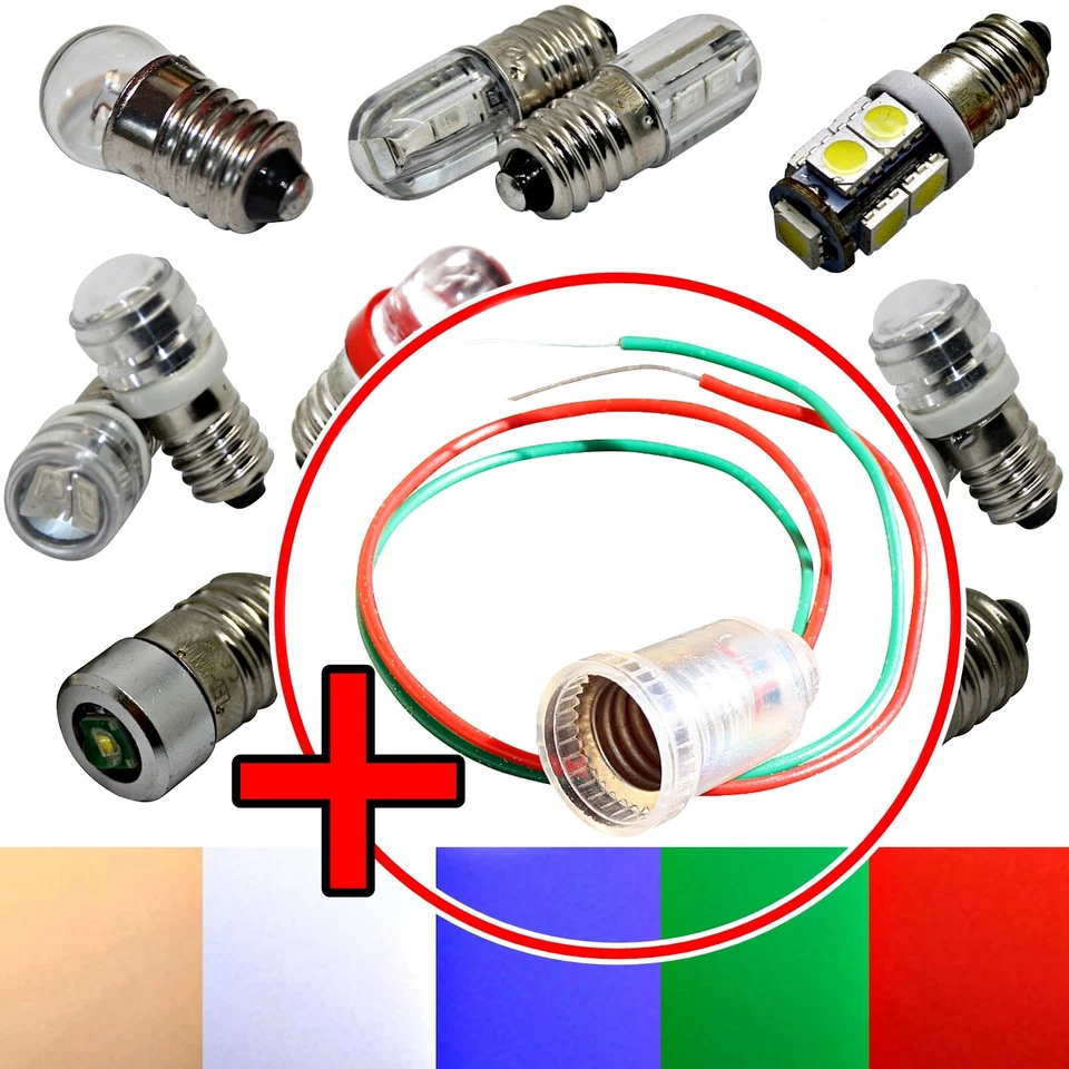 E10 LED + Socket Cable - 6V 12V - Screw Base Replacement Lighting White Blue - Image 1 of 1