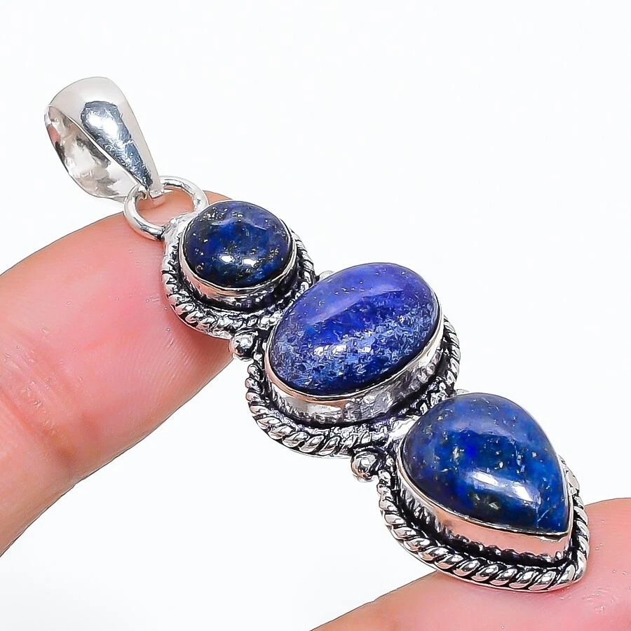 Lapis Lazuli Gemstone Handmade 925 Sterling Silver Jewelry Pendant Size 2" - Image 1 of 1