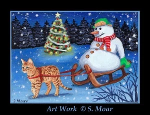 Bengal Cat Snowman Xmas Tree Winter ACEO Limited Edition miniature Art Print - Picture 1 of 1