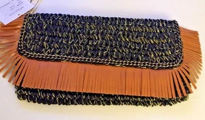Shiraleah Chicago BARBADOS Clutch Purse / Bag Black w/ Tan Fringed Trim NWT - Picture 1 of 5