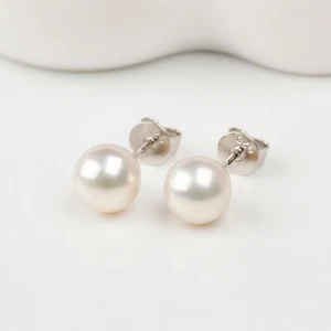 Luster! 7.3mm White-rose Japanese Akoya Pearl Earrings Sterling Silver Stud - Picture 1 of 6