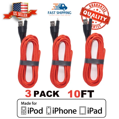3 pack 10Ft Fast Charger Cable For iPhone 14 13 12 11 X XR/Pro Max Braided Nylon - Image 1 of 4