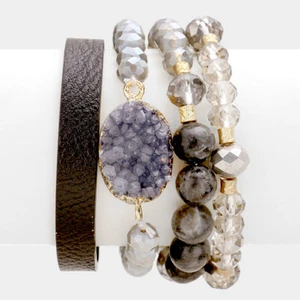 NUOVO Druzy Boho Multi Bead Strand Moda Bracciali Magnetici Grigio Nero 4 Pezzi - Foto 1 di 2