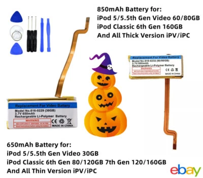 Сменный аккумулятор 650/850 мАч для iPod Video 60/80 ГБ толстый классический 120/160 ГБ тонкий - Изображение 1 из 4