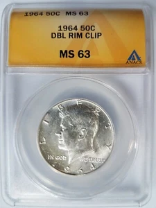 1964 Kennedy Half Dollar ANACS MS 63 Curved Double Rim Clip Mint Error Clipped - Picture 1 of 12