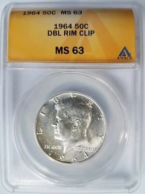1964 Kennedy Half Dollar ANACS MS 63 Curved Double Rim Clip Mint Error Clipped - Image 1 of 4