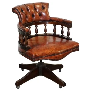 ANTIQUE HAND DYED BROWN LEATHER CHESTERFIELD CAPTAINS OFFICE SWIVEL ARMCHAIR - Picture 1 of 16