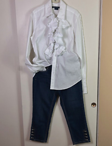 Ralph Lauren Sport Tuxedo Button Front Ruffled Blouse Shirt Size 14 White