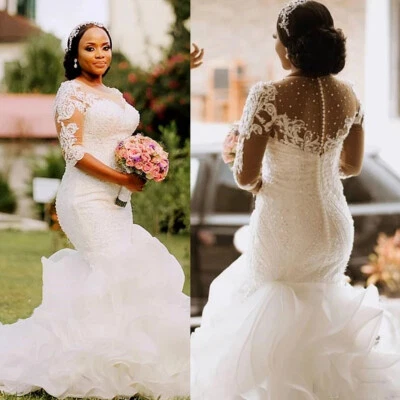 Half Sleeve Mermaid Wedding Dresses Beaded Appliques Ruffles Bridal Gowns Custom - Image 1 of 4