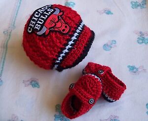 New handmade crochet baby Chicago Bulls hat and booties (0-3 months, 3-6 months)