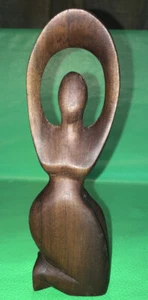 7-1/2” Carved Wood Kneeling Woman Arms Up Circled Above Head African? - Picture 1 of 12