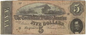 $5 Banknote of The Confederate States of America CS-11 Circulated - Picture 1 of 2
