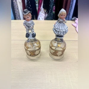 Vintage Goebel West Germany Golden Etched Glass Bell Boy and Girl Figurines - Picture 1 of 14