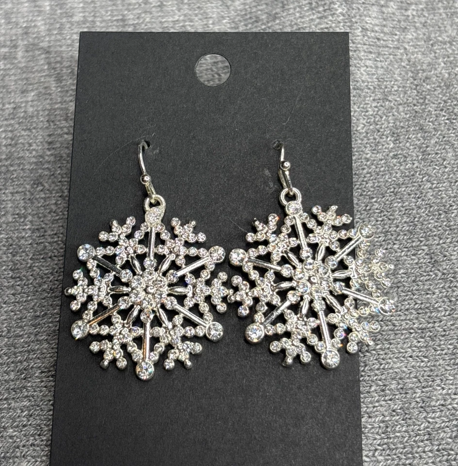 Snowflake Dangle Earrings Silvertone Clear Rhinestones 1.25 inch - Image 1 of 3