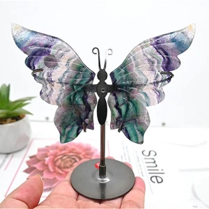 4'' A pair Natural Fluorite Butterfly Wing Reiki Crystal Skull Decor + Stand - Picture 1 of 13