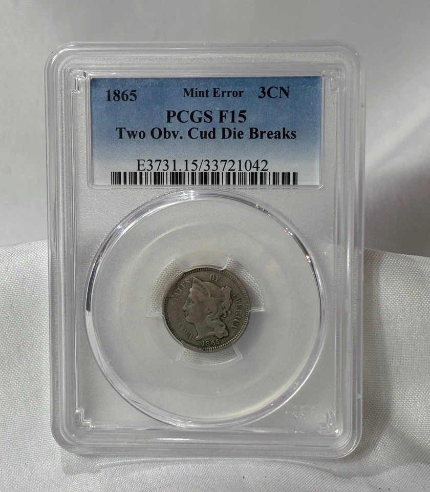 1865 Three Cent Piece Mint Error Die Breaks PCGS F 15 - Image 1 of 4