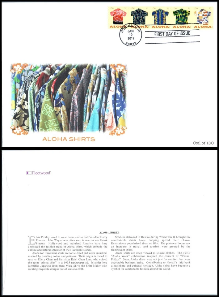 2012 Aloha Shirts Sc 4601a coil issue FDC Fleetwood floral island shirt clothing - Image 1 of 1