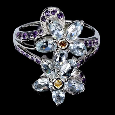 Anillo de plata de ley 925 ovalado aguamarina amatista piedras preciosas joyería talla 8,5 Foto 1 de 4