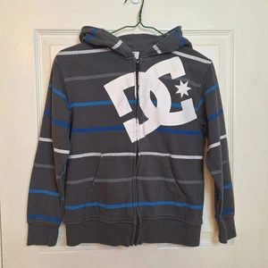 DC Grey White Striped Full Zip Hoodie Sweatshirt Graphic Logo Indie Skater Sz S - Picture 1 of 11