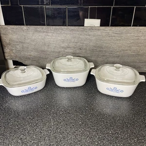 Menge 3 Corning Ware Blau Kornblume Kasserolle Set 1,75qt, 1,5qt, 1 Qt - Bild 1 von 5