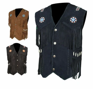 Herren Westernkleidung Cowboy weiches Wildleder Leder Perlen Weste Fransen geflochten Knochen NL69 - Bild 1 von 8