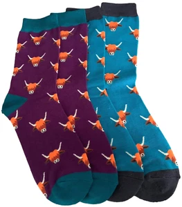 Herren Neuheit Socken Highland Kühe Rinder 2 Paar Pack lila türkis blau Bambus neu - Bild 1 von 6
