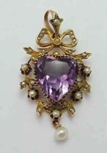 4Ct Heart Victorian Heart Lab Created Amethyst Necklace 14K Yellow Gold Plated - Picture 1 of 6