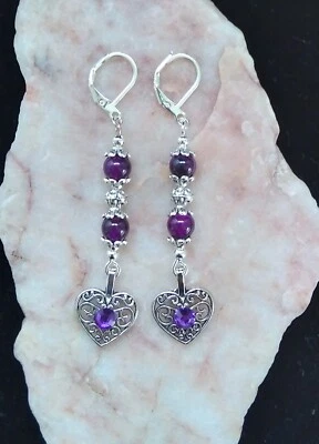 Фиолетовый 3D бриллиант сердце, двусторонний, 925 Серебряный рычаг назад серьги. Ручная работа - Изображение 1 из 4