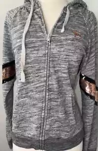 Y2K PINK Victoria's Secret Full Zip Hoodie Bling Dog Sequins Sweatshirt S Gray - Picture 1 of 7