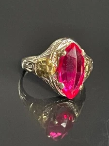 EDWARDIAN WHITE GOLD AND LAB-CREATED PINK SAPPHIRE RING SIZE 4 - Picture 1 of 9